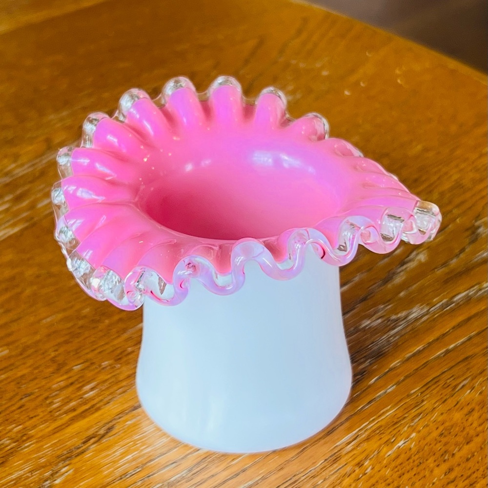 Fenton Cranberry + White Milk Glass Ruffled Top Hat Vase